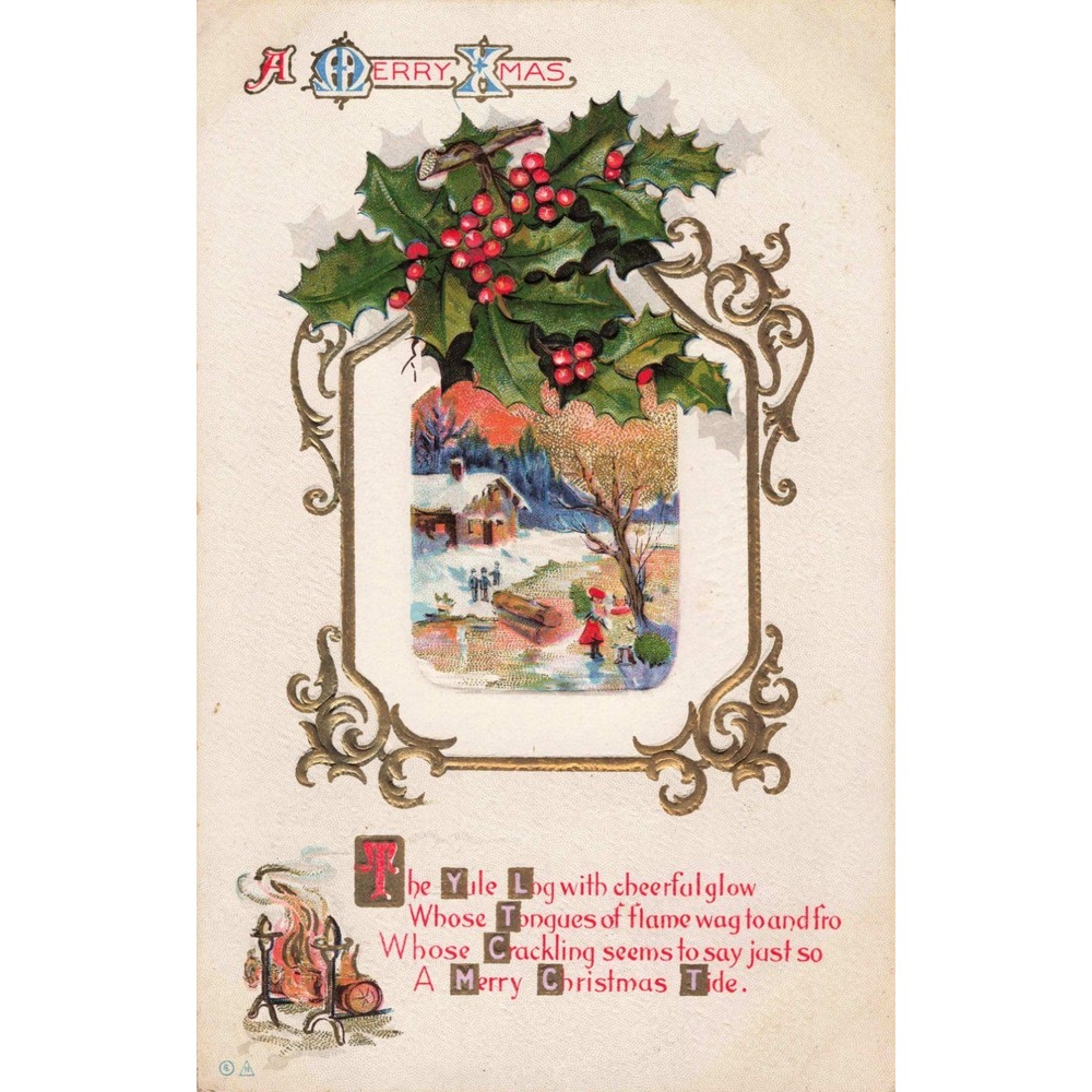 Vintage E Nash Christmas Postcard Embossed Holly Winter Cabin Scene Series No 33 - Picture 1 of 2